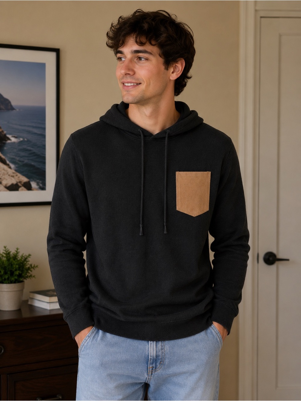 Alpha Steele light weight Cotton Black Hoodie Sweater with Tan Chest Pocket